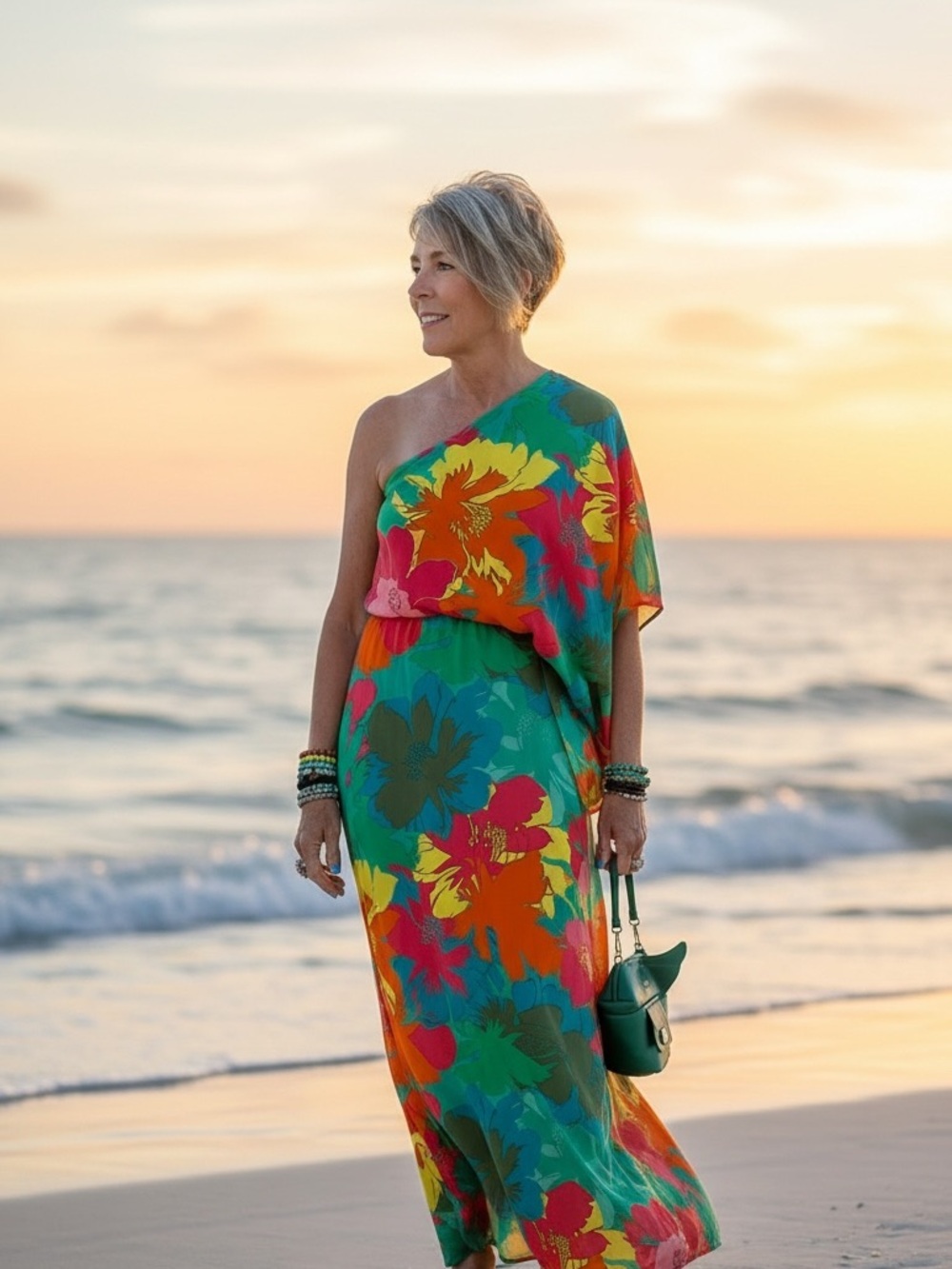 One-Shoulder Tropical Floral Maxi Dress - Green Multi